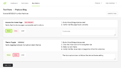 A screenshot of a test run in the Lime Testing Suite, with a list of tests being performed showing each test's status and comments on the result.