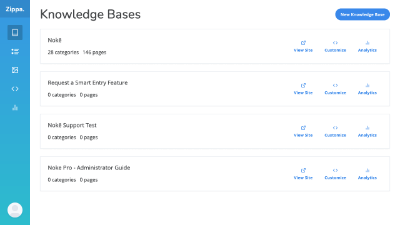 A screenshot of the Zippa knowledge base builder interface, with a navigation menu on the left and a list of knowledge bases in the main content area.
